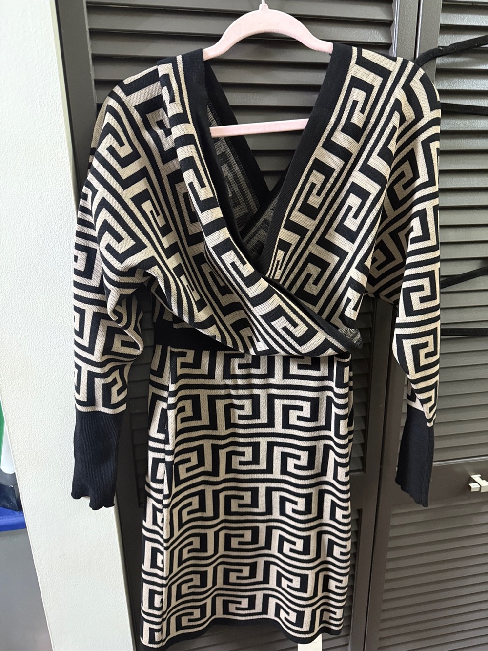 SHEIN Black and Cream Geometric Wrap Midi Dress